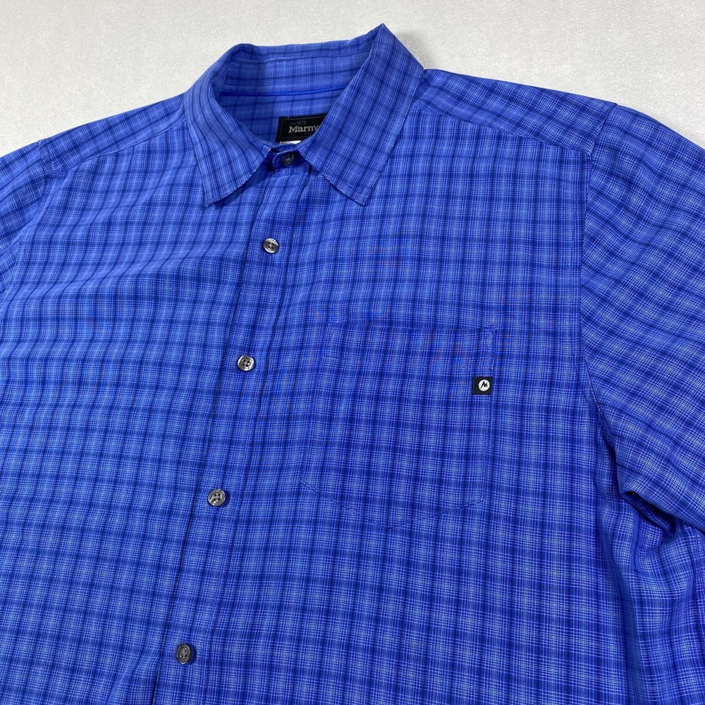 Marmot Mens Blue Plaid Short Sleeve Hiking Button Down Shirt Large SCC-85